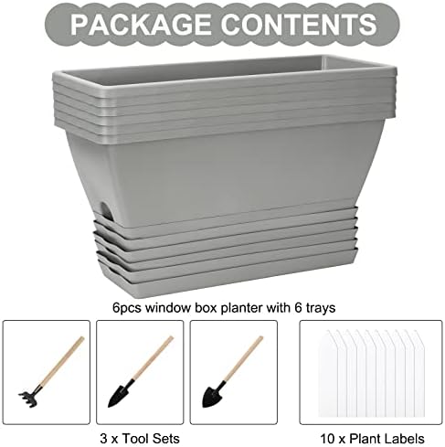 Window Box Planter, 6 Pcs 17" Flower Rectangle Planters Boxes, Light Gray
