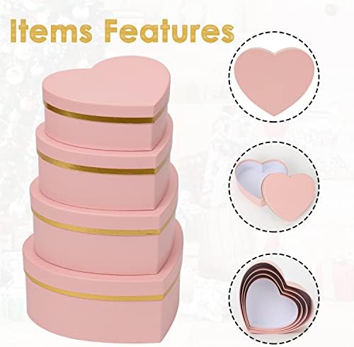 Oairse Pink Gift Boxes with Lids for Present Heart Shaped Flower Boxes for Arrangements Set of 4 Floral Gift Boxes for Bridesmaid, Proposal, Wedding, Birthday, Baby Showers