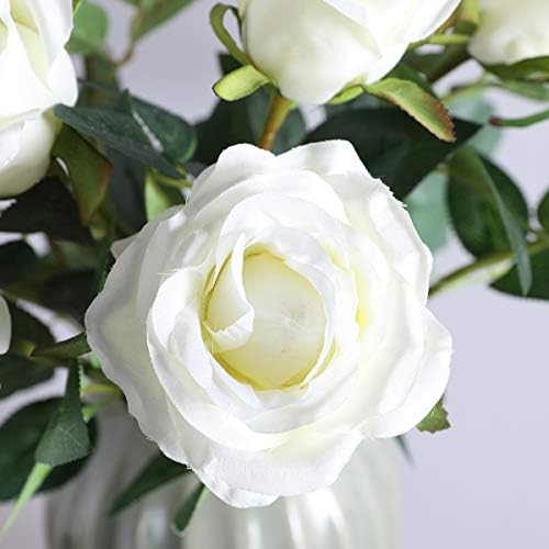White Fake Roses Artificial Flowers - 10 Pcs Fake Artificial Roses Silk Flowers with Stems for Home Wedding Hotel Office Centerpiece Decor