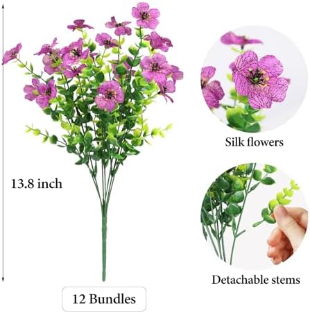 ATTGREAT Artificial Flowers for Outdoors UV Resistant, 12 Bundles(Purple)