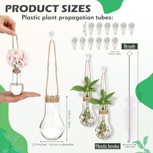 Baderke 12 Pack Hanging Plant Propagation Stations 3.9 Inch Plastic Propagation Vases with Hooks and Cleaning Brush Clear Window Wall Jars for Home, Office, Bathroom Decor, Gift for Plant Lovers
