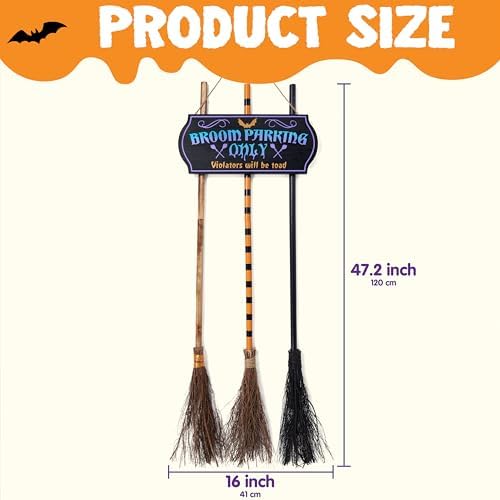 JOYIN Halloween Broom Parking Sign with 3pcs Wooden Witches Brooms, Halloween Decorations Outdoor, Wooden Warning Sign for Front Porch Wall Decor Home Office Indoor