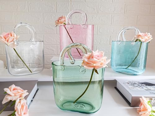 OLEEK Purse Vase for Flowers (Handmade) - 10 Inches Clear Glass Purse Vase - Cool & Cute vases for centerpieces, Fish Bowl - Unique Glass Handbag Flower vase Decorative - Wide Mouth Glass Purse