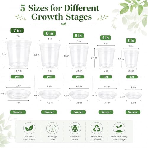 30 Pack 7/6/5/4/3 Inch Clear Nursery Pots with Drainage and Saucer, Plastic Pots for Planter, Clear Potting Pots for Succulents, Flower, Small Herbs, Indoor Outdoor Gardening