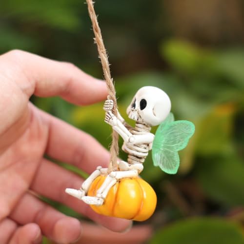 Swing Fairy Skeleton Garden Statue with Luminous Wings, 2.76 Inch Cute Small Skeleton Figurine Resin Sculpture Funny Tree Hanging Ornaments for Patio Lawn Yard Outdoor Halloween Decor