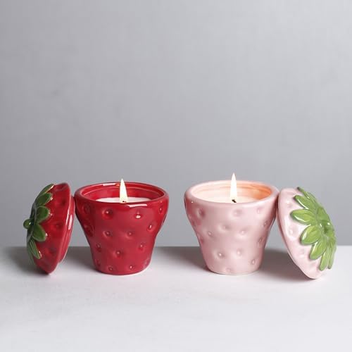 Strawberry Shaped Ceramic Candle Holders with Lid, Scented Candle Jar