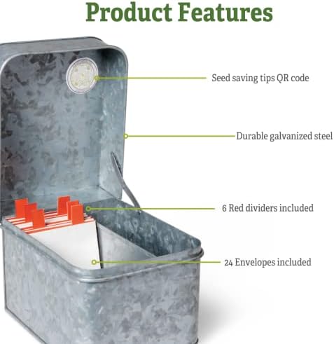 Gardener's Supply Company Galvanized Seed Saver Kit | 8" L x 6-1/2" W x 6-3/4" H Steel Box Keeps Seeds Organized | Includes Paper Envelopes and Dividers