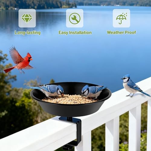 Balcony Bird Feeder for Deck Railing, Mounted with Seed Tray, Black