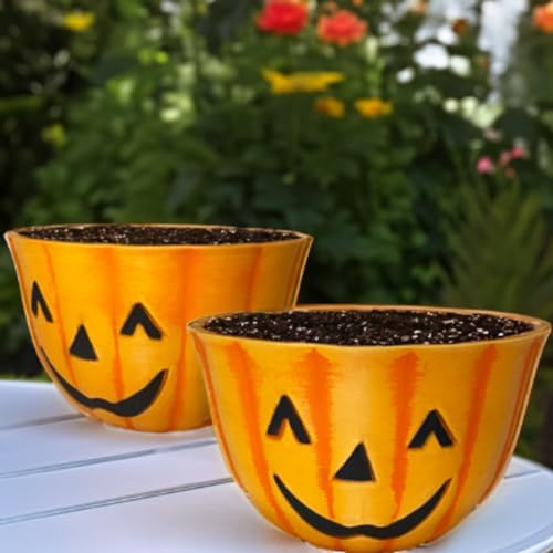 Urban Gardener Jack-O-Lantern Fiber Clay Pots, 10" Dia. Each, Pack of 2