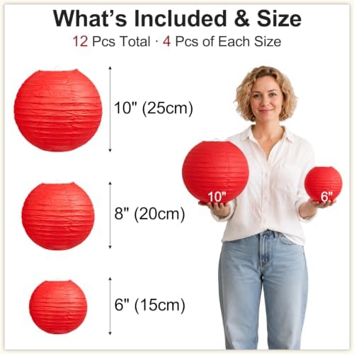 Red Paper Lanterns, 12Pcs 6-10 Inch Round Hanging Party Decorations