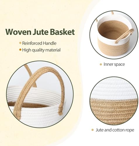 Woven Basket for Plant, 11"x11" Planter Basket for 10" Pot, Indoor Boho Artificial Tree Planter, Round 10 inch Flower Pot Cover, Rattan Holder with Handle for Plants, Jute Spliced Cotton Rope