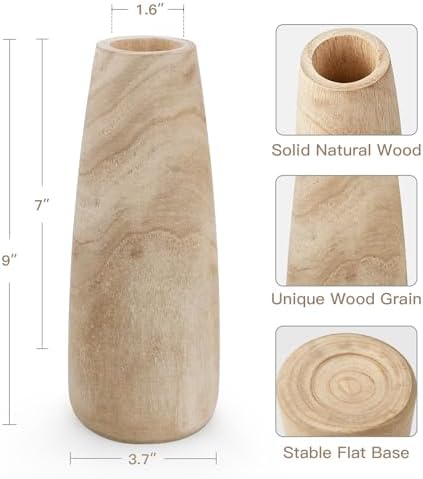 Natural Wood Vase for Dried Flowers – 9 Inch Decorative Table Vase
