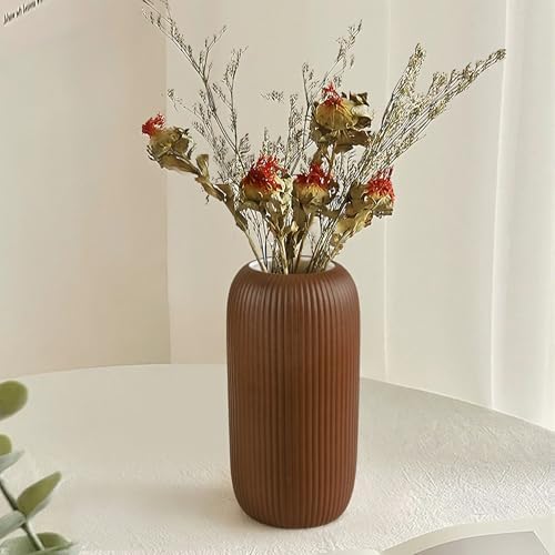 Ceramic Vase for Flowers – Modern Small Ribbed Textured Flower Vase for Home Decor, Pampas Grass, Decorative, Farmhouse, Coffee Table, Kitchen Centerpieces, Bookshelf and Home Living (Caramel)