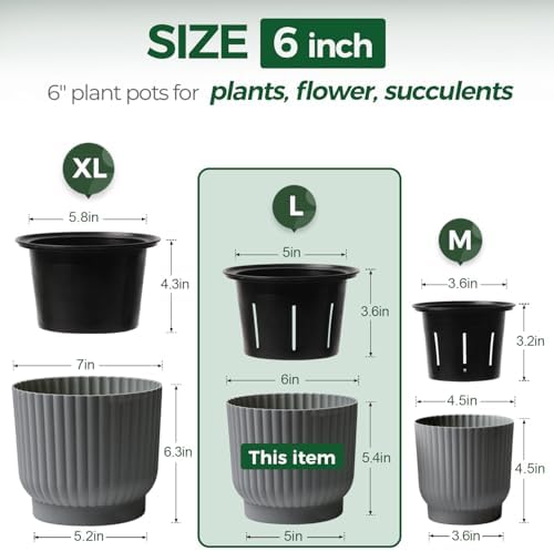 T4U Self Watering Pots for Indoor Plants, 6 Inch 6 Pack Planter Gray