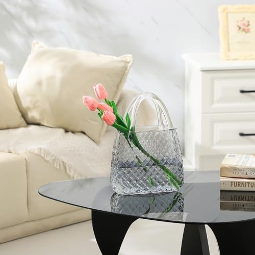 Purse Vase, Glass Bag Vase, Glass Purse Vases for Flowers, Black Glass Vases, 12 Inch Large Flower Vases with Embossed Pattern for Wedding, Living Room, Bedroom, Table, Office(Round)