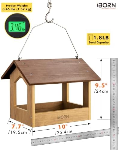 iBorn Pavilion Bird Feeder, Covered Platform Bird Feeder for Outdoors Hanging, WPC Recycled Plastic & Waterproof, Coffee