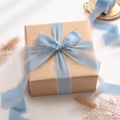 DORIS HOME Handmade Frayed Fringe Chiffon Ribbon 1" x 21Yd Dusty Blue