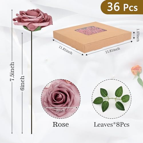 BLEUM CADE 36Pcs Artificial Flowers Fake Foam Roses with Stems for Wedding