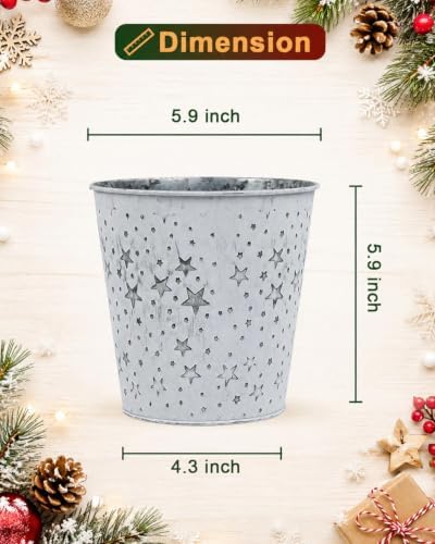 White Christmas Metal Buckets, 4 Pack Galvanized Planter Pots Holiday Decor