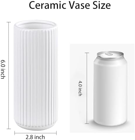 TIMEFOTO White Ceramic Flower Vase for Pampas Grass, 6 inch Small Decorative Centerpiece Ribbed Vase for Dining Table, Office Desktop, Shelf Bookshelf, Mantel, Bathroom, Countertop, Farmhouse, Gift