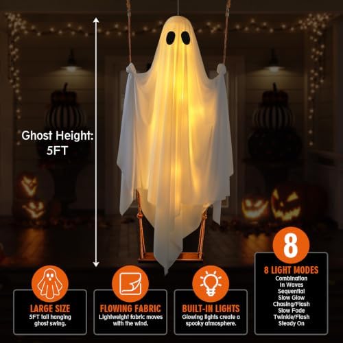 Halloween Hanging Ghost Decorations, 5FT Swinging Ghost with Remote Lights