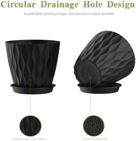 4 Inch Plant Pots, 6 Pack Indoor Flower Pots, Planters with Drainage Holes and Trays for Orchids, Violets, Succulents, Herbs, and Other Plants, Black