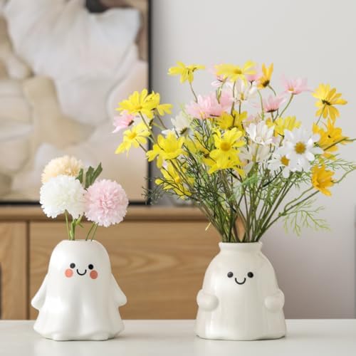 Cute Ghost Vase Ceramic Ghost Bucket Vase, H 5.9" Halloween Vases Ceramic Ghosts Decor for Home Table Desk Bedroom Halloween Decorations, Ceramic Vases for Flowers (B-Bright Surface)