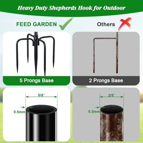 FEED GARDEN Short Shepherds Hooks for Outdoor, 48 Inch Bird Feeder Pole with 5 Prongs Base, Heavy Duty Shepherds Hook Garden Hook for Hummingbird Feeder, Hanging Lantern, Plant Baskets, 2 Pack