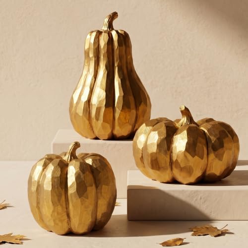 Gold Pumpkin Decor, 3Pcs Resin Pumpkin Figurines Fall Decoration for Home