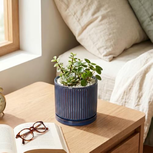 4 Inch Pots for Plants, Ceramic Plant Pots with Saucer, Retro Blue
