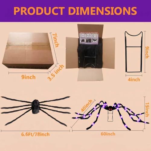 6.6 FT(Wide) Halloween Giant Spider with 9'' Metal Stand, 38 LED Lights, 8 Modes Light-Up Large Spiders Outdoor Decorations, Spooky Props for Yard, Lawn, Porch, Haunted House Décor