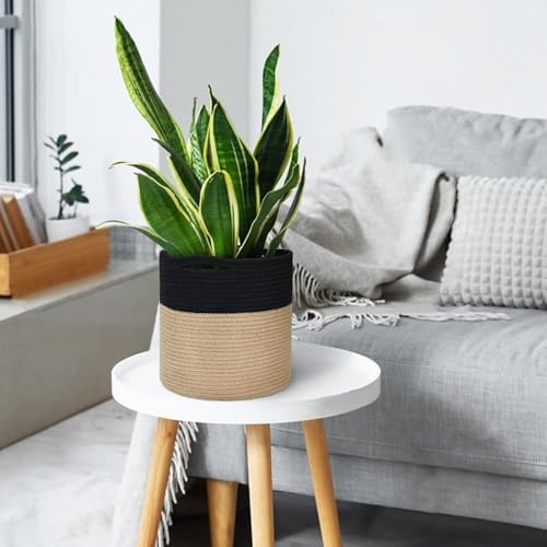 MEGASKET Wicker Plant Basket Indoor, 11" x 11" Jute Spliced Cotton Rope Basket Planter for 10" Pot, Woven Flower Tree Pots Cover, Small Floor Indoor Planters, Modern Bins for Plants and Home Decor
