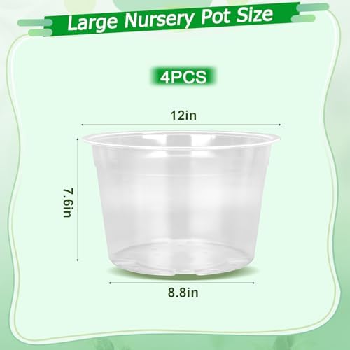 FUIJOL 12 Inch 4 Pack Large Clear Plastic Nursery Pots with Drainage