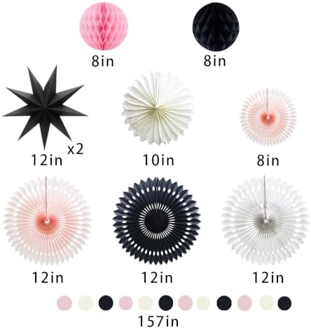 10-Piece Pink and Black Party Decorations, White Paper Fans