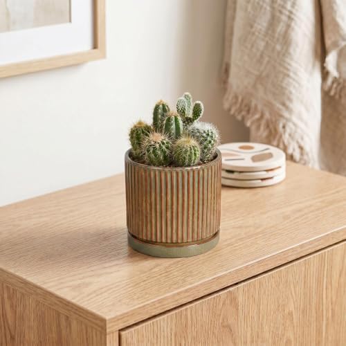 4 Inch Pots for Plants, Ceramic Plant Pots with Saucer, Retro Brown