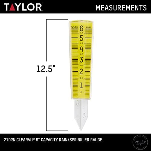 Taylor ClearVu Rain and Sprinkler Gauge, Measure and Monitor Precipitation, Easy to Read for Backyard, Patio, Garden, and Lawn, 6-inch Capacity, Clear
