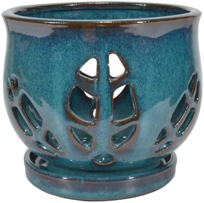 W&W Orchid Pot with Holes and Saucer for Repotting, Teal, 6.5"