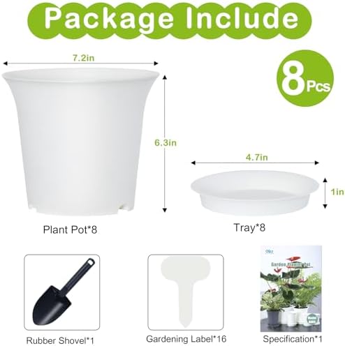Oliz Planter Pots 8 Packs, 7.2 Inches Flower Pots with Drainage Holes & Trays, Ideal for Succulents, Herbs, Flower, African Violet, Garden Plant Pots for Home Garden Kitchen Decor (White-3)