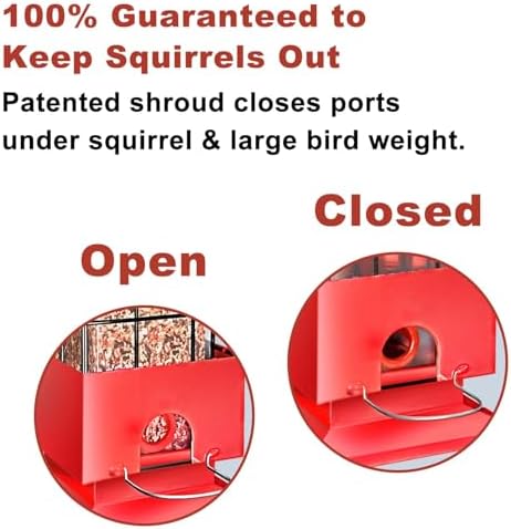 Squirrel Proof Bird Feeder, 3.5Lbs Metal Wild Bird Feeders Anti Squirrel with 4 Feeding Ports for Garden Bird Feeding Station Outdoors Hanging, Pigeon Resistant, Easy to Clean & Refill (Red)