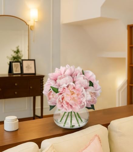Hollyone Pink Peonies Artificial Flowers with Vase Faux Peonies Look Real Peony Fake Flowers Silk Flower Arrangements in Glass Vase with Faux Water for Bathroom Table Centerpiece Shelf Home Decor