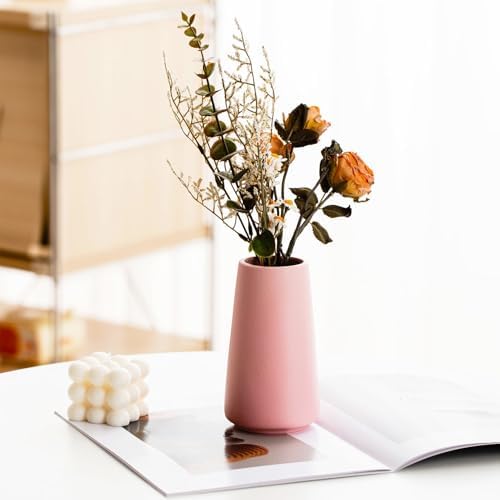 Simple Boho Ceramic Flower Vase for Home Decor (Solid Pink,Small)