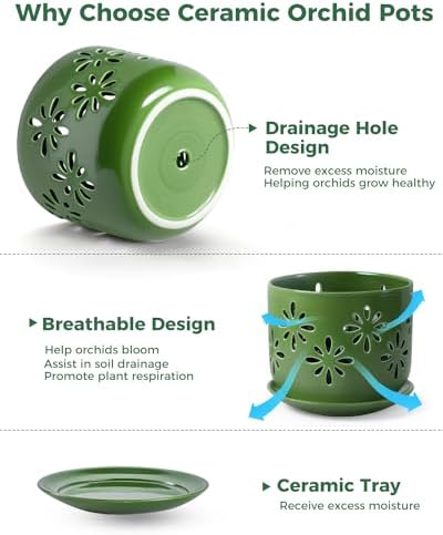 EFISPSS Orchid Pots with Holes,5+6 Inch Ceramic Plant Pots with Drainage Holes and Tray,Enhanced Drainage and Ventilation,Flower Pots for Indoor/Outdoor Plants for Repotting - Green