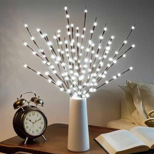DK177 6 Pack Led Branch Light Battery Operated Lighted Branch Vase Filler Willow Tree Artificial Little Twig Power Brown 30 Inch 20 LED for Home Romantic Decoration, White