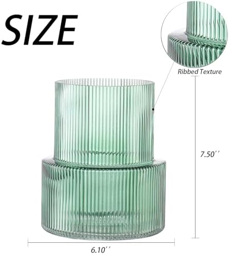 Green Glass Vase, Ribbed Glass Vase for Tulips, Flower Vases for Bouquet, Green Modern Vases for Living Room, Dining Table, Entryway, Mantle, Shelf, Wedding, Office, 7.5 Inches