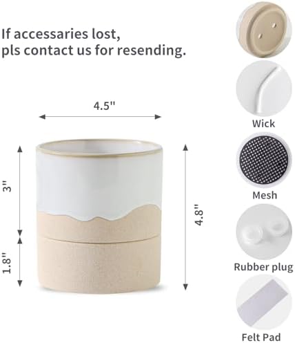 Nihow Self Watering Plant Pot: 4.5 Inch Ceramic Planter with Drainage Hole & Water Storage Plus for Indoor & Outdoor Plants - Cylinder Flower Pot for Herbs/Violets - White & Nature