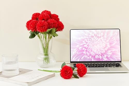 SITUMEIZI 12 Pcs Red Flowers Artificial Chrysanthemums, Fake Mums