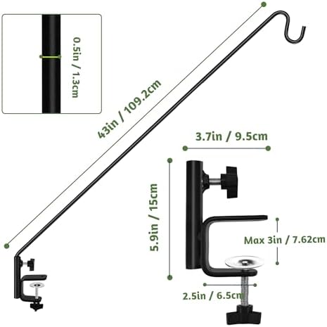 ERYTLLY Heavy Duty Deck Hook, Extensible and Adjustable Deck Hook with 2" Non Slip Horizontal Clamp for Hanging Bird Feeder, Plants, Suet Baskets,Wind Chimes,Lanterns and More