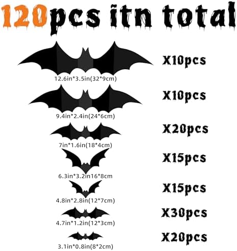 120Pcs 3D Bats Halloween Decorations Wall Decor Realistic PVC Bat Stickers
