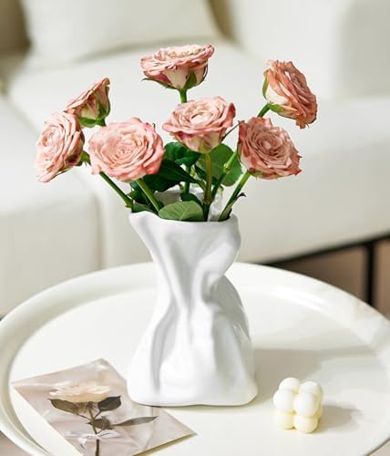 FOWSEEK 6IN White Ceramic Vase, Irregular Flower Vase Modern Art Decorative Vases for Flowers, Unique Paper Bag Vases for Home Office Centerpieces Entryway Bookshelf Living Room Table Decor