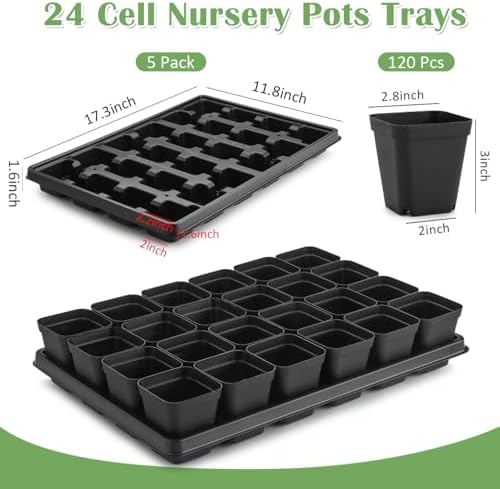 RooTrimmer 5 Pack 24 Cell Nursery Pots Trays with 2.8 inch (7CM) Square Nursery Pots 120pcs (Black), Plastic Seed Starter Tray with Drain Holes for Carrying and Holding Plant Pot(17"x11"x1.6")